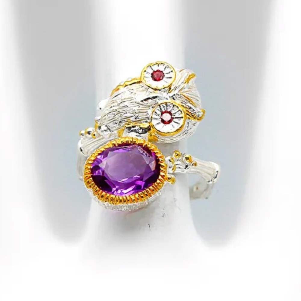 Genuine Amethyst Owl Ring - Picture 2 of 2